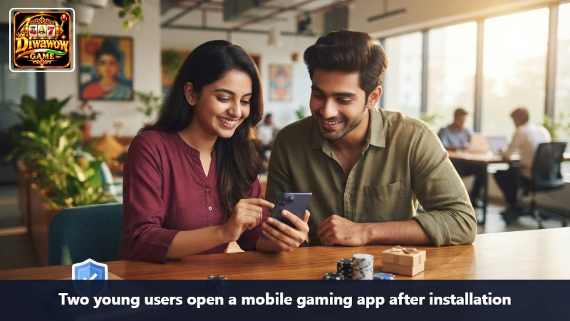 Two young users open a mobile gaming app after installation