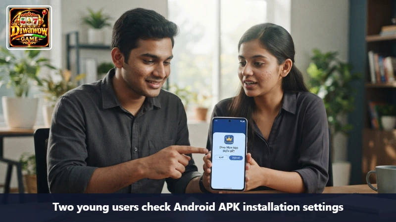 Two young users check Android APK installation settings