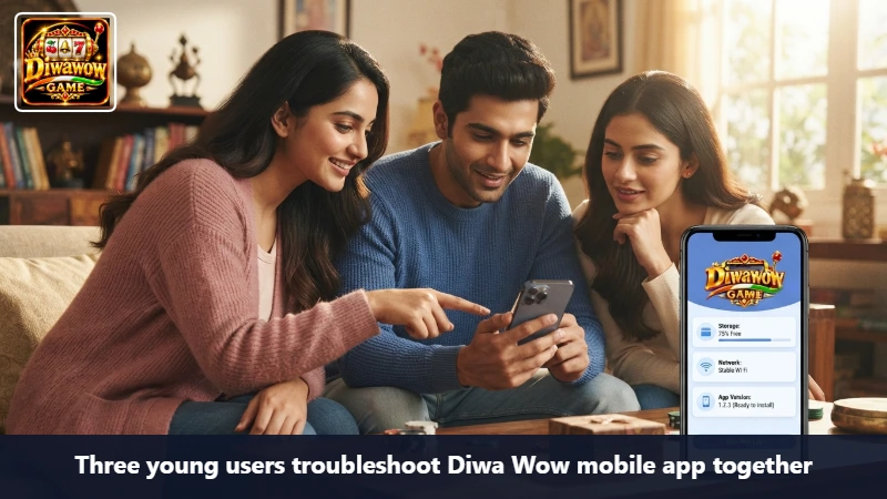 Three young users troubleshoot Diwa Wow mobile app together