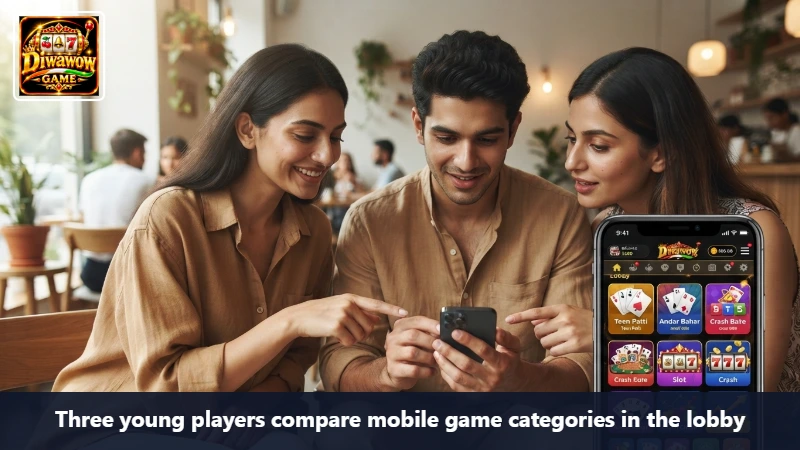 Three young players compare mobile game categories in the lobby