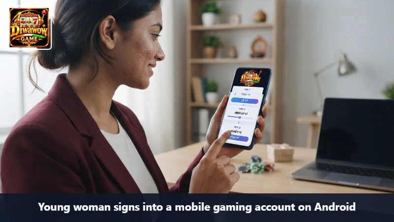 Young woman signs into a mobile gaming account on Android